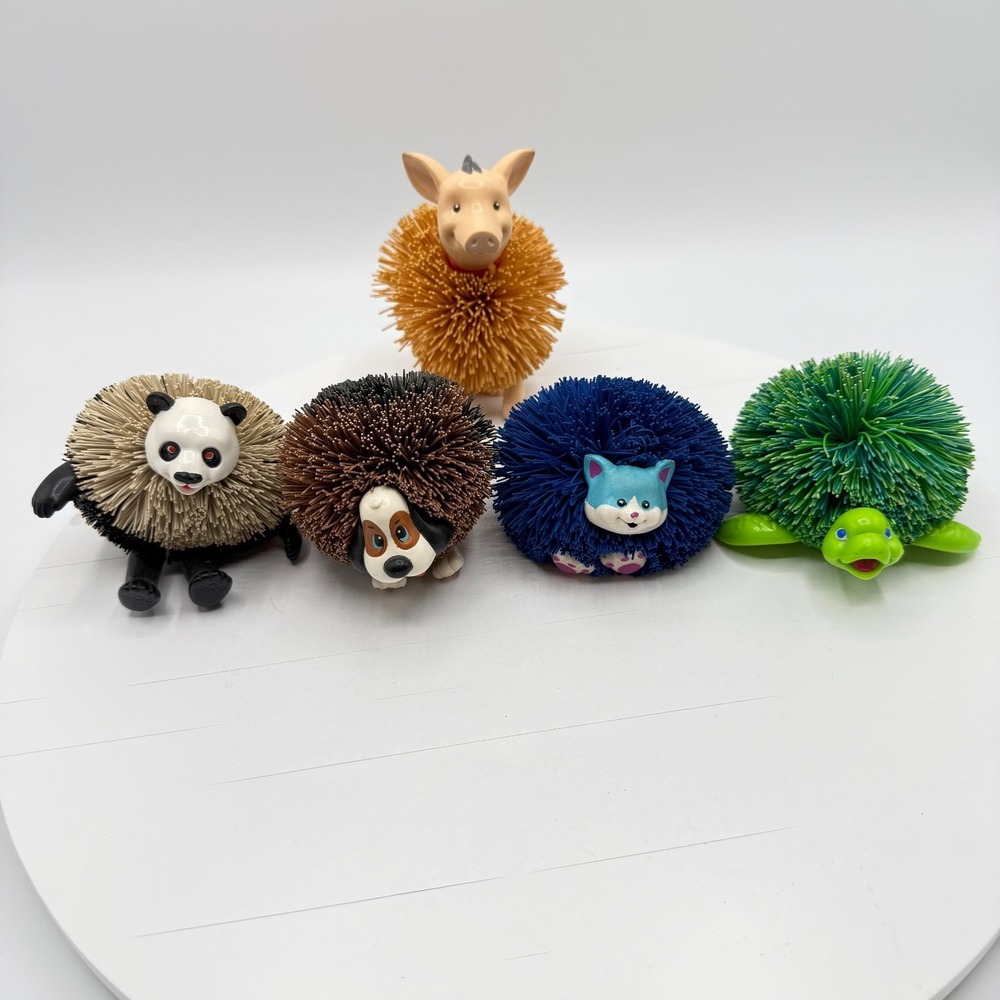 Koosh Kins Ball Critters 1990's Animals Lot(4) Cat Dog Panda Pig Turtle Hasbro‎